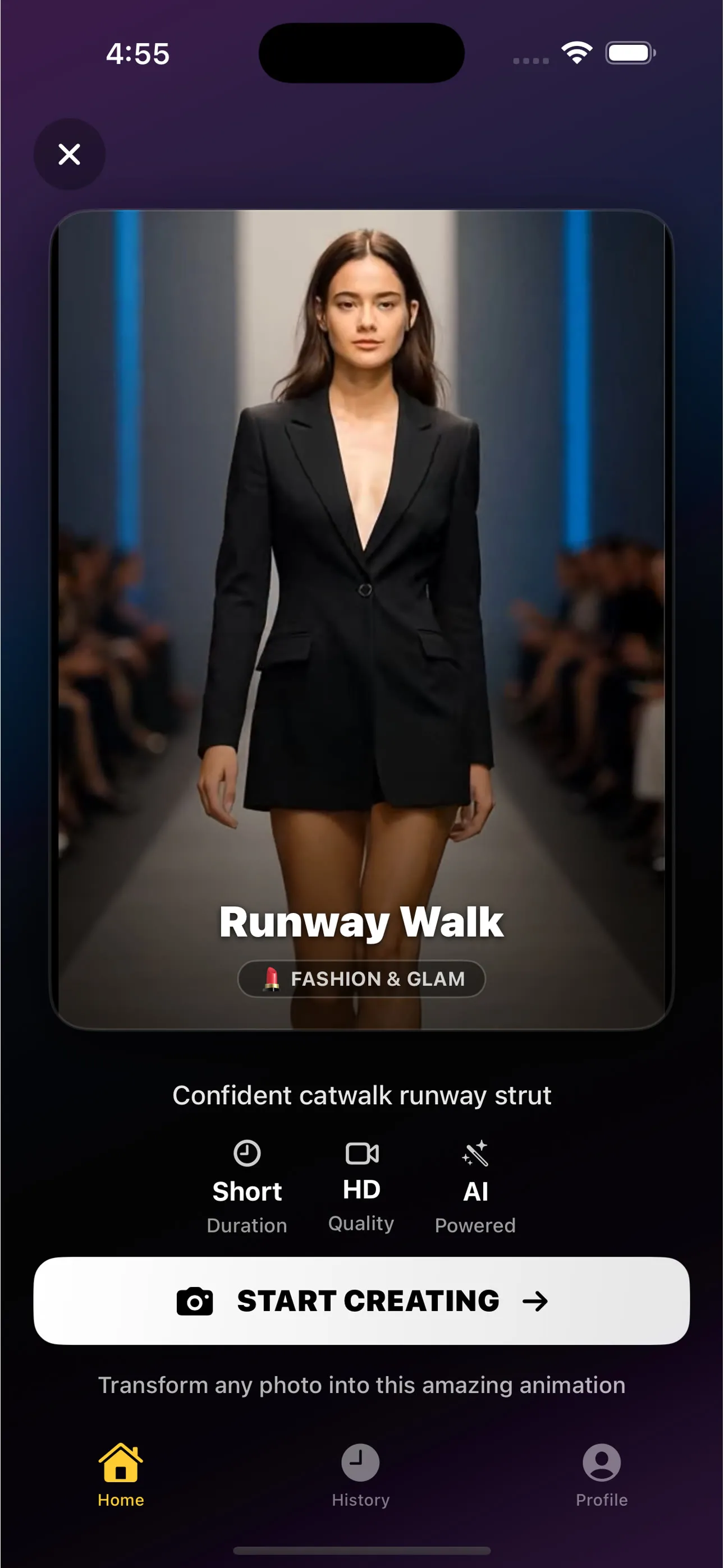 The Runway Walk action screen in AI Video, showing the preview still, the description and a Start Creating button