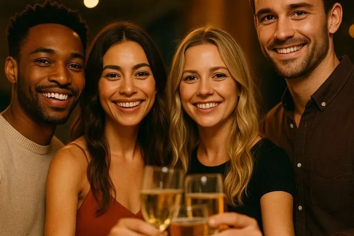 Four people smiling at the camera and raising glasses in warm indoor light