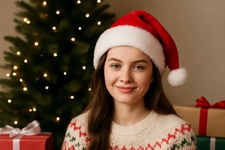 A person in a Santa hat and patterned jumper beside a lit tree and wrapped presents